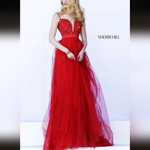 Sherri Hill Red & Nude Tulle Lace Maxi Dress